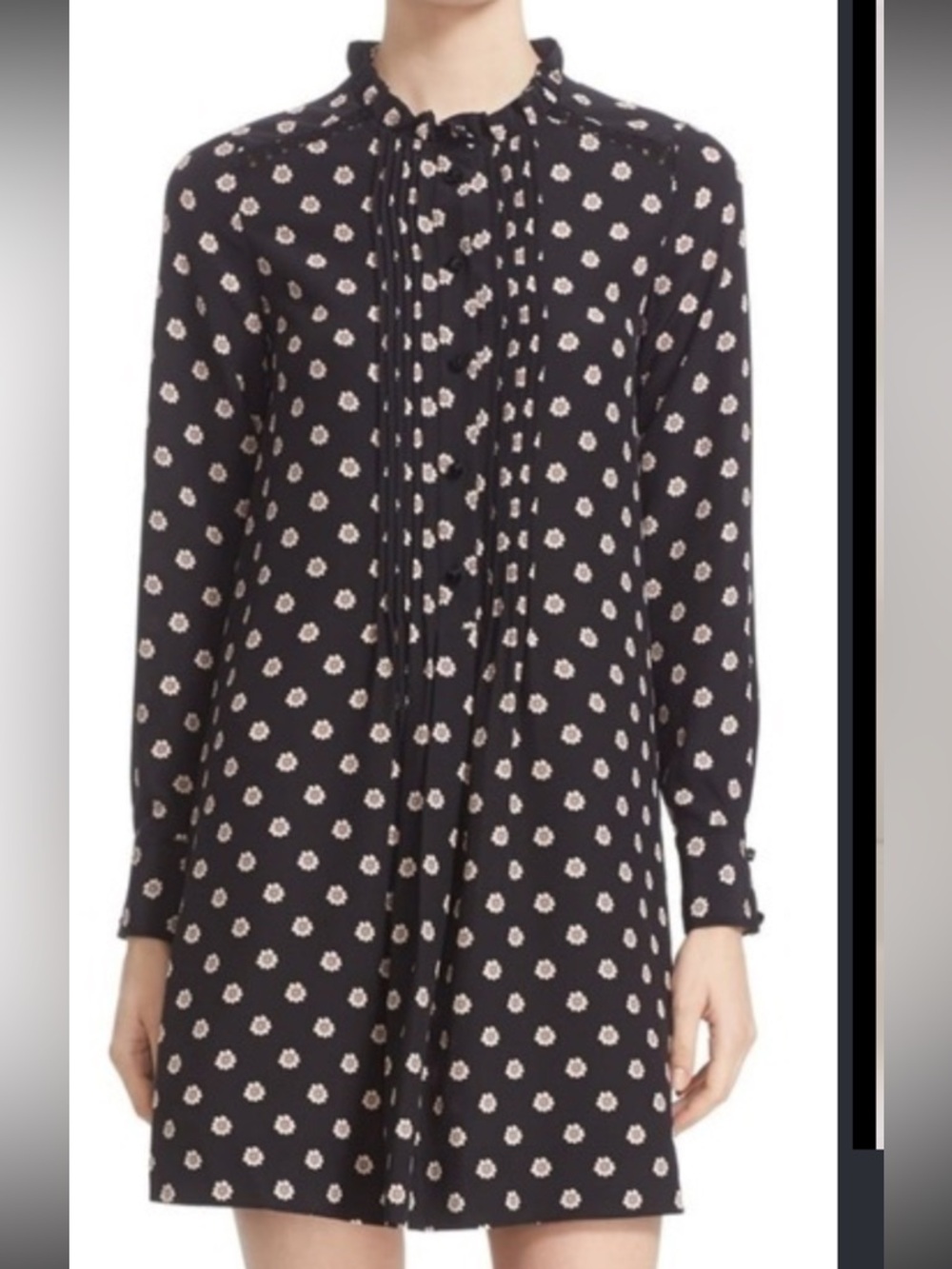 Kate Spade ditsy floral print silk blouse with pintuck pleats and crochet trim